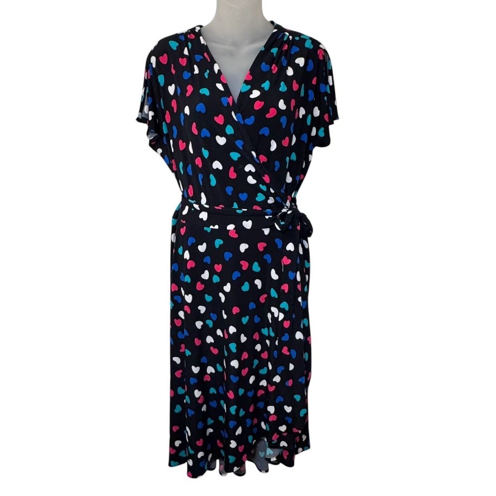 Vicky Tiel vintage Colorful Heart Split Flutter Sleeve Wrap Midi Dress Sz‎ XL
